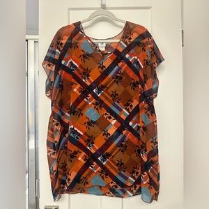 CAbi Orange and Blue Floral Plaid Blouse
